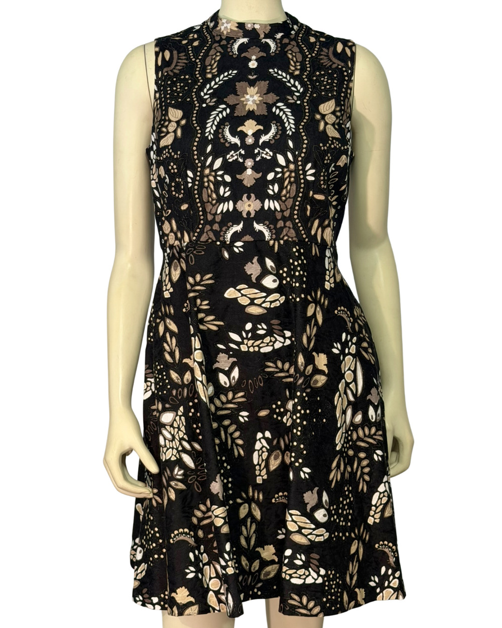Eva Mendes Sz 6 Fit-and-Flare Sleeveless Dress High Neck Textured Damask Print